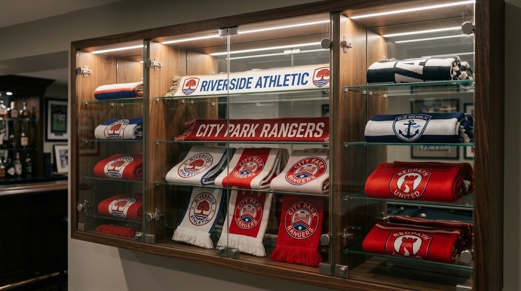How to hang a soccer scarves in glass display cases & man cave cabinets