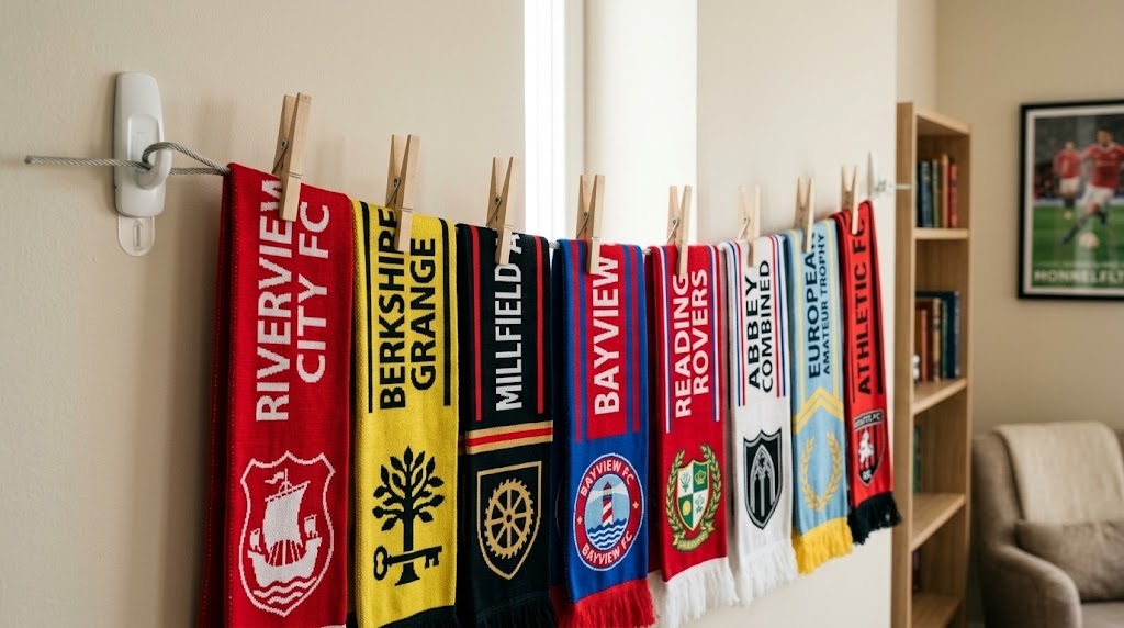 How to hang a soccer scarves using no-nail solutions like command hooks & tension clip lines